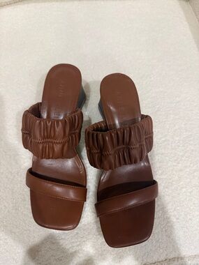 Anne Klein Women’s Brown Slide Sandals with Ruched Strap